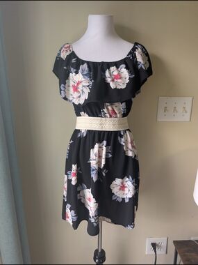 Wishful Park Floral Print Dress in Black, White And Pink Accent Ruffle Accent